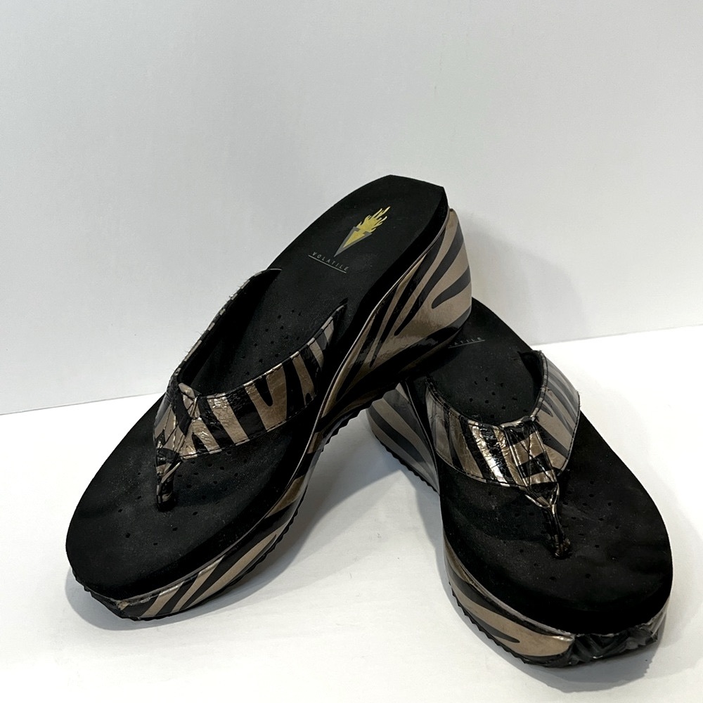 Volatile Zebra Flip Flops Black and Gold Size 7
